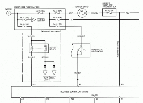 Fragment schematu instalacji alarmowej Honda Accord