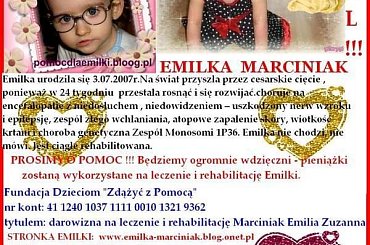 Emilia Marciniak - Encefalopatia, uszkodzony nerw wzroku, niedosłuch-prawe ucho, epilepsja, atopowe zapalenia skóry, wiotkość krtani
--- http://pomagamy.dbv.pl #EmiliaMarciniak #Encefalopatia #UszkodzonyNerwWzroku #niedosłuch #epilepsja #pomoc