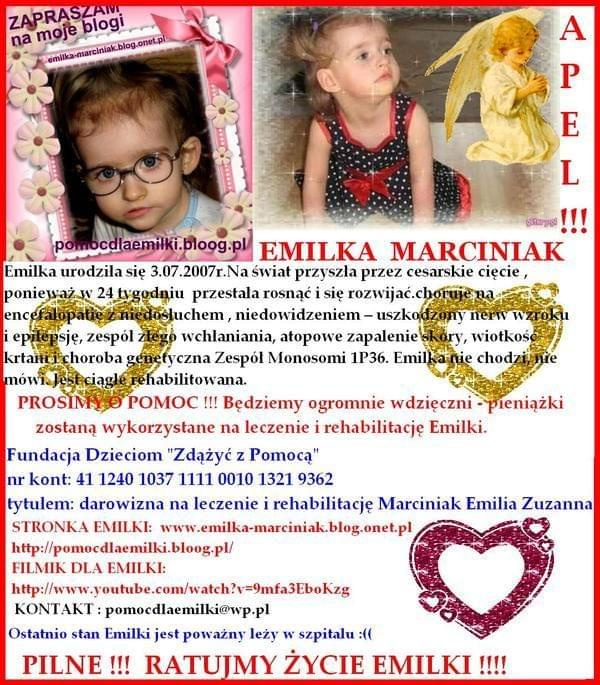 Emilia Marciniak - Encefalopatia, uszkodzony nerw wzroku, niedosłuch-prawe ucho, epilepsja, atopowe zapalenia skóry, wiotkość krtani
--- http://pomagamy.dbv.pl #EmiliaMarciniak #Encefalopatia #UszkodzonyNerwWzroku #niedosłuch #epilepsja #pomoc