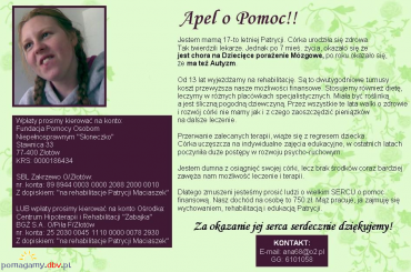 Patrycja Maciaszek - Mózgowe porażenie dziecięce (MPD), Autyzm --- http://pomagamy.dbv.pl #PatrycjaMaciaszek #MózgowePorażenieDziecięce #MPD #Autyzm #pomagamydbvpl #StronaInformacyjna #ApelOPomoc #LudzkaTragedia #PomocPotrzebującym #pomoc #SOS