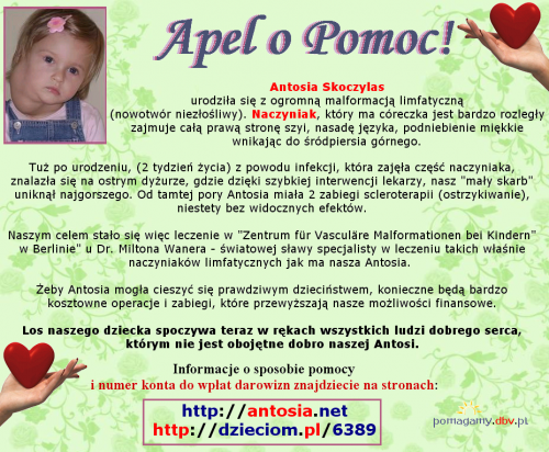 Antonina Skoczylas - Nowotwór - Naczyniak limfatyczny --- http://pomagamy.dbv.pl/ #AntoninaSkoczylas #Nowotwór #NaczyniakLimfatyczny #pomagamydbvpl #StronaInformacyjna #ApelOPomoc #LudzkaTragedia #PomocPotrzebującym #PomocDziecku #pomoc #turnusy